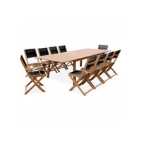 salon de jardin en bois extensible - almeria  table 200-250-300cm avec 2 rallonges. 2 fauteuils et 8 chaises. en bois d'eucalyptus  huilé et textilène noir