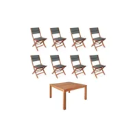 table de jardin carrée. en bois d'eucalyptus . avec trou de parasol + 8 chaises pliables savane