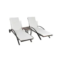 lot de deux chaises longues transat 200 cm avec table résine tressée marron helloshop26 02_0011913