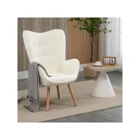 fauteuil scandinave chaise de canapé de loisirs pour salon salle à manger bureau avec un revêtement en bouclette, accoudoirs rembourés et des pieds en bois massif, blanc