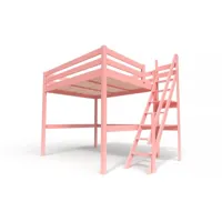 lit mezzanine bois avec escalier de meunier sylvia 160x200  rose pastel 1160-rp