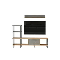 meuble tv style industriel étagère intégré et étagère murale roraima bois clair et gris et métal noir