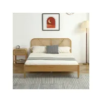 lit adulte 160x200 cm en placage chêne avec tête de lit en bois massif et cannage naturel - leonie