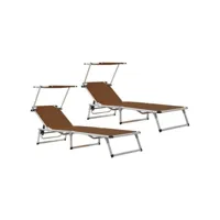 lot de deux chaises longues pliables toit aluminium textilène marron helloshop26 02_0011960