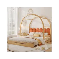 lit enfant 140x100(200) cm, lit gigogne avec sommier à lattes, cadre en pin, tissu en velours, naturel + orange