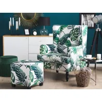 fauteuil bergère en tissu blanc motif feuilles avec repose-pieds assorti sandset 217018