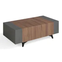 table basse avec rangement marron et anthracite avec des pieds bois noir kalieto 110 cm