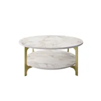 table basse ovale elliptica 2 tablettes bois marbre blanc et métal or