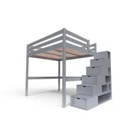 lit mezzanine bois avec escalier cube sylvia 160x200  gris aluminium cube160-ga