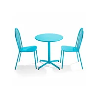 ensemble table ronde et 2 chaises de jardin bistrot en métal bleu - palavas