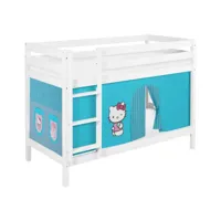 lits superposés jelle 90x200 cm hello kitty turquoise - lilokids - blanc laqué - avec rideaux et sommier à lattes - lilokids