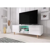 meuble banc tv - 140 cm - blanc mat / blanc brillant - avec led - style scandinave sweden