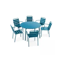 ensemble table de jardin ronde et 6 fauteuils acier bleu pacific - palavas