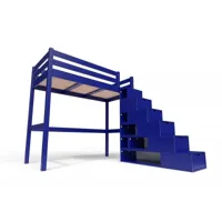 lit mezzanine bois avec escalier cube sylvia 90x200  bleu foncé cube90-df