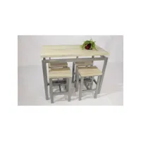ensemble design table haute, bar + 4 tabourets le mans. set moderne type industriel, bois et métal.