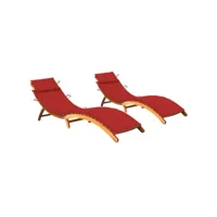 lot de 2 transats chaise longue bain de soleil lit de jardin terrasse meuble d'extérieur avec coussins bois d'acacia solide helloshop26 02_0012047
