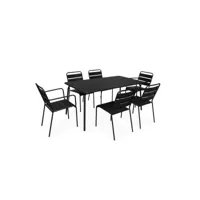 table de jardin en métal 160x90cm + 4 chaises empilables et 2 fauteuils noirs