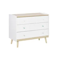 commode 3 tiroirs design scandinave meuble de rangement chambre mdf blanc aspect chêne clair piètement effilé bois massif de pin