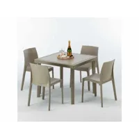 table carrée beige + 4 chaises colorées poly rotin synthétique elegance grand soleil