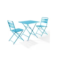 ensemble table de jardin pliante et 2 chaises acier bleu - palavas