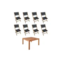 table de jardin carrée. en bois d'eucalyptus . avec trou de parasol + 8 chaises pliables noir