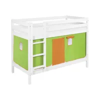 lits superposés jelle 90x200 cm vert orange - lilokids - blanc laqué - avec rideaux et sommier à lattes