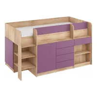 lit mezzanine 90x200cm avec échelle placard, bureau amovible, bibliothèque et  des étagéres smida l chêne sonoma/violet