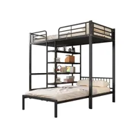 lit superposé 90x200cm - lit à cadre en fer - avec table et étagère - avec échelle à angle droit à cinq marches - noir