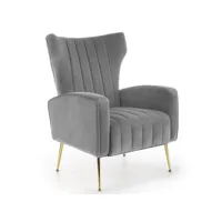 fauteuil lounge en velours gris avec accoudoirs et pieds dorés en métal aenor 379
