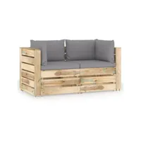 canapé de jardin 2 places avec coussins bois imprégné de vert 6