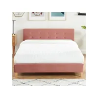 lit adulte avec tête de lit capitonnée en velours rose blush - sommier à lattes 140x190cm - milo