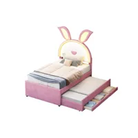 lit enfant embourré 90x200cm en velours - lit gigogne avec 3 tiroirs et lumières led colorées - rose