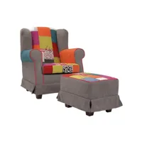 fauteuil bergere gris en tissu patchwork amovible avec pouf