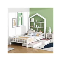 lit enfant 200x90cm, lit fonctionnel avec étagère à livres avec protection contre les chutes, en bois avec tiroirs, blanc