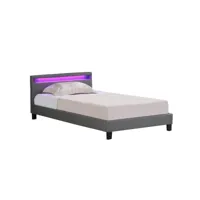 lit simple pour adulte mirando avec sommier 120x190 cm 1 place et demi/1 personne, tête de lit avec led intégrées, synthétique gris
