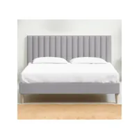 lit adulte 140x190 cm en velours gris clair avec tête de lit matelassée - eliot