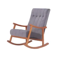 fauteuil à bascule en velours gris avec boutons décoratifs piètement en bois couleur noyer fab10082