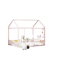 lit cabane pour enfant 140x200cm en métal avec barrière - rose