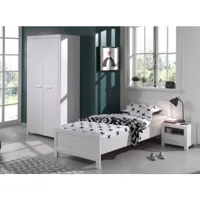 chambre enfant 3 pièces lit chevet et armoire 2 portes pin massif laqué blanc erik 90x200 cm erco04
