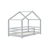 lit cabane pour enfant forme de maison avec barrière de sécurité en bois de pin gris 70 x 140 cm 03_0005523