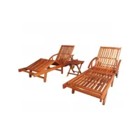 lot de 2 transats chaise longue bain de soleil lit de jardin terrasse meuble d'extérieur avec table bois d'acacia solide helloshop26 02_0012078