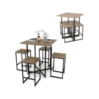 costway table haute cuisine 4 tabourets cadre en métal, table industrielle avec chaise encastrable, pieds réglables, restaurant, appart, salon marron