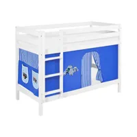lits superposés jelle 90x200 cm tracteur bleu -  lilokids - blanc laqué - avec rideaux et sommier à lattes - lilokids