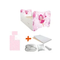 pack complet lit fée rose  lit +sommier+tiroir de rangement +matelas & parure+couette+oreiller - 70 x140 cm