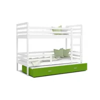 lit superposé 3 places milo 90x190 blanc - vert livré avec sommiers, tiroir et matelas en mousse de 7cm