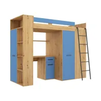 lit mezzanine 90x200cm avec échelle placard, bureau, bibliothèque et beaucoup d'étagéres vena p chêne artisan/bleu