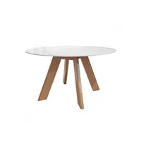 table de repas ronde céramique blanc marbré et bois d120 cm - lilia