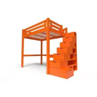 lit mezzanine adulte bois + escalier cube hauteur réglable alpage 120x200 orange alpag120cub-o