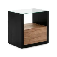 table de chevet 1 niche 1 tiroir bois noir et foncé et verre kanie