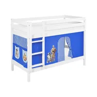 lits superposés jelle 90x190 cm star wars bleu - lit surélevé ludique lilokids - blanc laqué - avec rideaux et sommier à lattes
